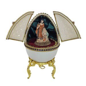 Real Hand Decorated Faberge Carved Etched Goose Egg Music Box Nativity